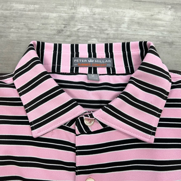 Peter Millar Pink w/ Black & White Stripe Golf Polo Shirt M - Picture 2 of 4